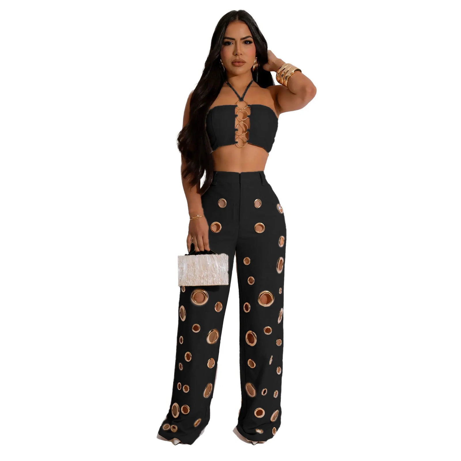Sexy Solid Hole Wide Leg Pants Streetwear Women Halter Sleeveless Backless Crop Top And Pants Two Piece Sets Outfits