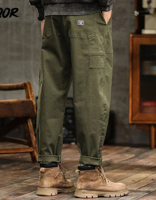Load image into Gallery viewer, Men's Loose Fit Cargo Trousers Army Green Casual Vintage Style Zip Fly Full Length Pants Midweight Cotton Elastic Waist
