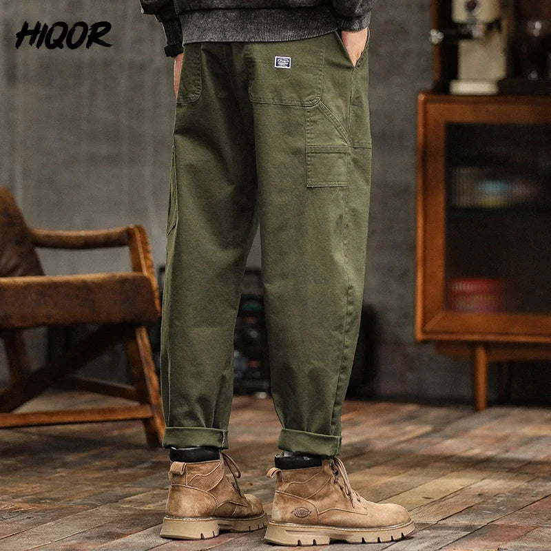 Men's Loose Fit Cargo Trousers Army Green Casual Vintage Style Zip Fly Full Length Pants Midweight Cotton Elastic Waist
