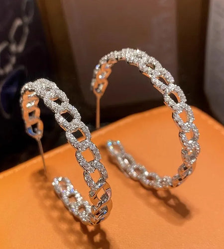 Luxury Bright Zirconia Loop Earrings Chain Shape Accessories  Gorgeous Silver Color Jewelry