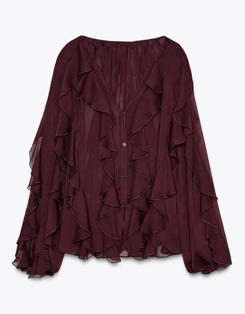 Load image into Gallery viewer, Burgundy Mesh Ruffles Shirts For Women Elegant Long Sleeve See Through Loose Tops 2025
