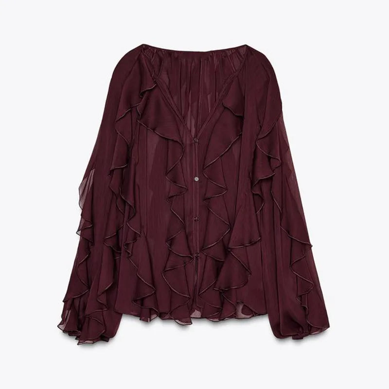 Burgundy Mesh Ruffles Shirts For Women Elegant Long Sleeve See Through Loose Tops 2025