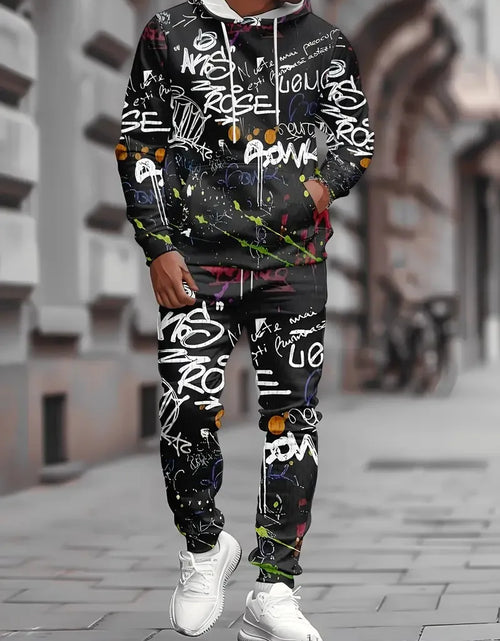 Load image into Gallery viewer, Men's hoodie set features a casual fashionable and comfortable 3D graffiti pattern print
