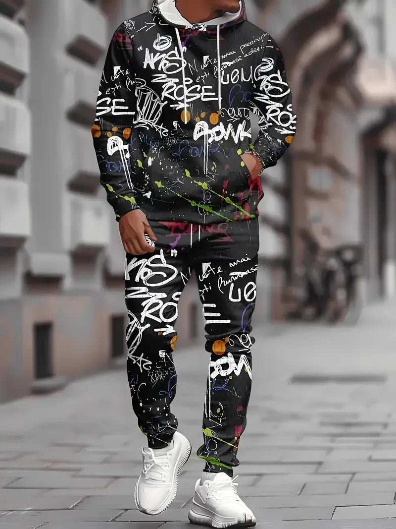 Men's hoodie set features a casual fashionable and comfortable 3D graffiti pattern print