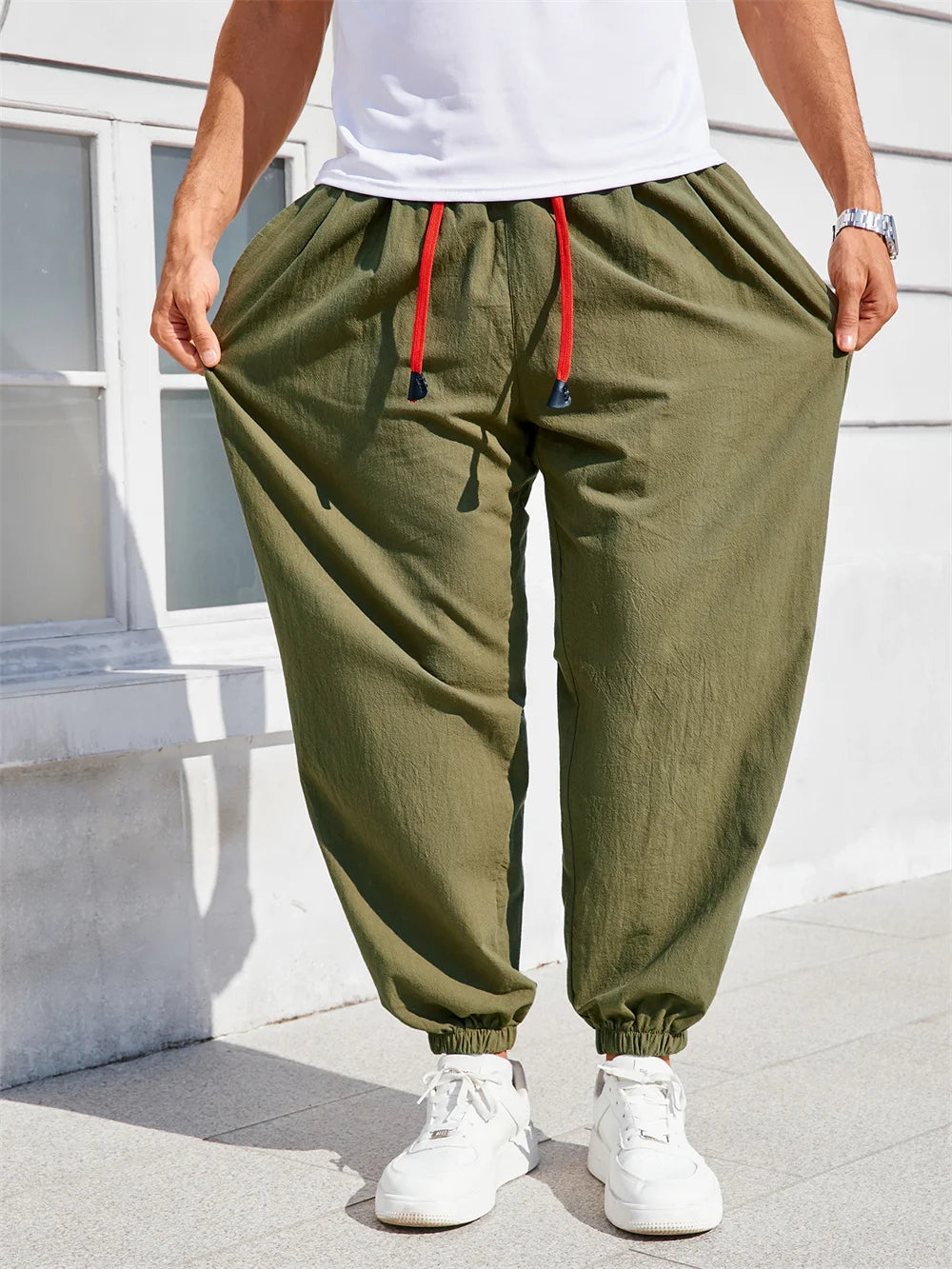 Men's Pants Loose Fit  Cotton Linen Solid Color Cozy Sweatpants Joggers High Quality Male