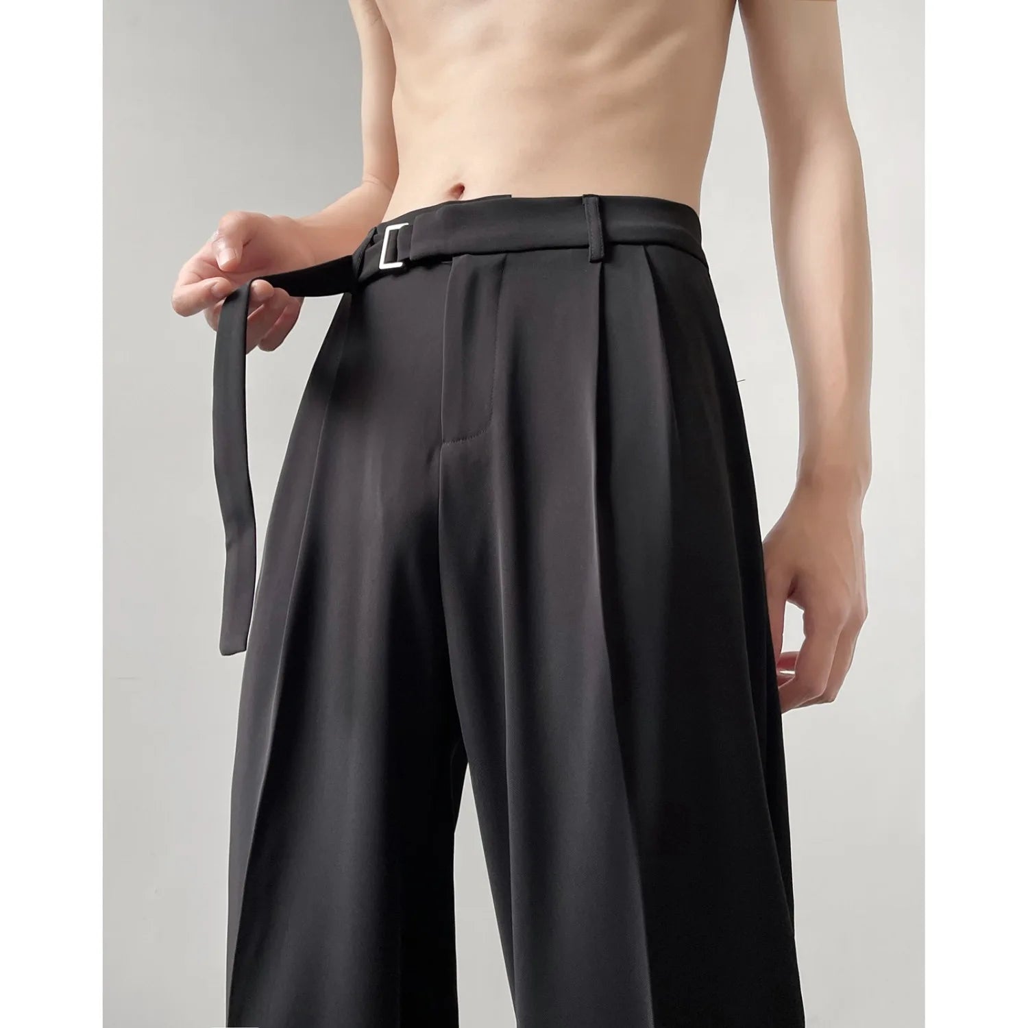 Retro High-end Belt Design Straight-down Trousers Men's Trendy Brand Loose Wide-leg Casual Pants