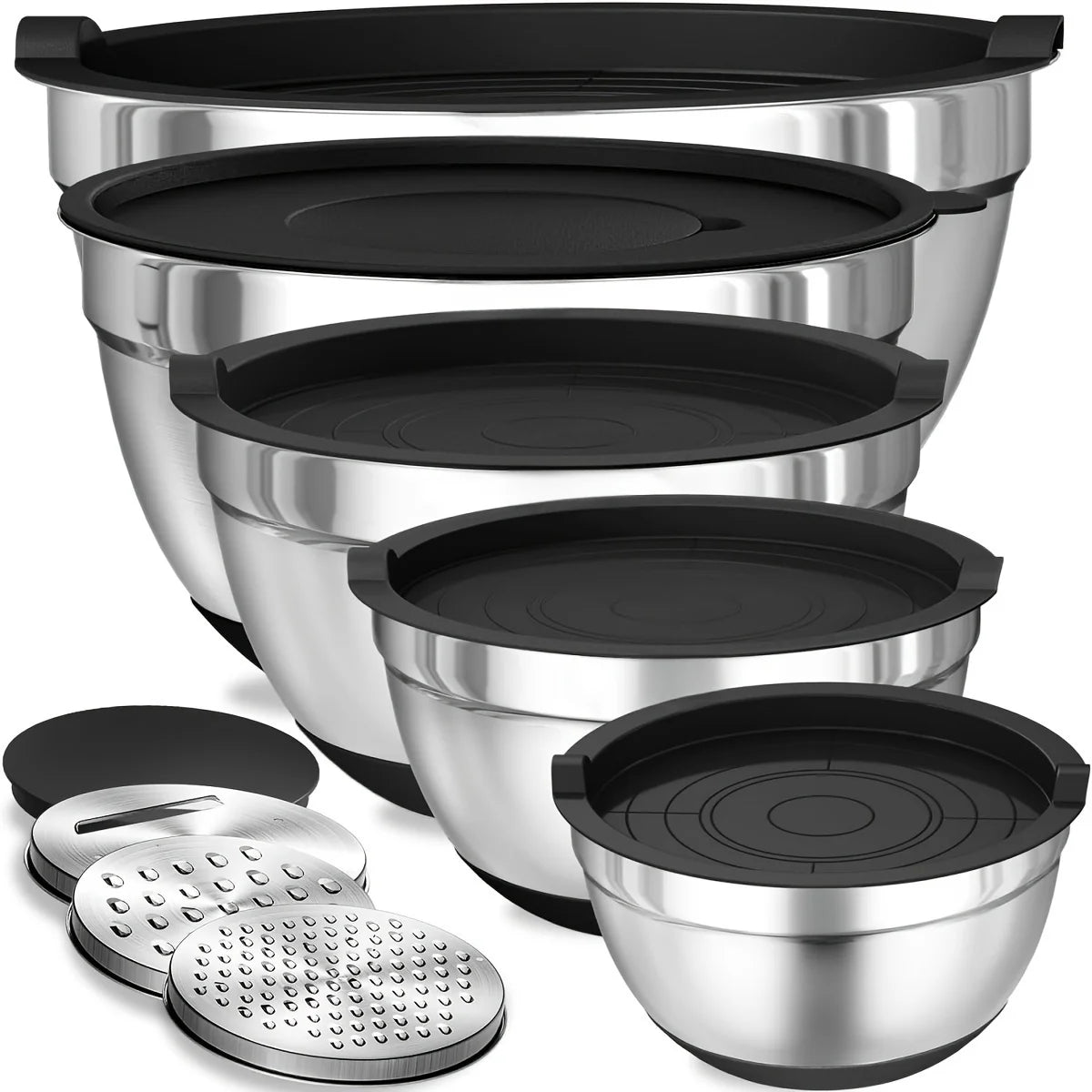 8pcs Mixing Bowls with Airtight Lids Stainless Steel Mixing Bowl Set, Attachments  Bottoms, Black Kitchen Bowls, Baking Serving