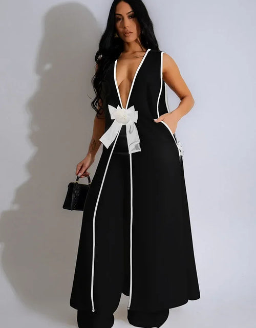 Load image into Gallery viewer, Bow Tie Appliques V-neck Sleeveless Long Top and Wide Leg Pants Matching Sets Women Two Piece Set Elegant Vintage Club Outfits
