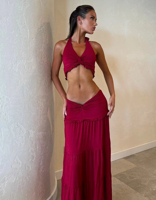 Load image into Gallery viewer, Cute new Pleated Matching Women 2 Piece Solid Sexy Ruffle Halter V-neck Crop Tank , Cross High Waist Skirt
