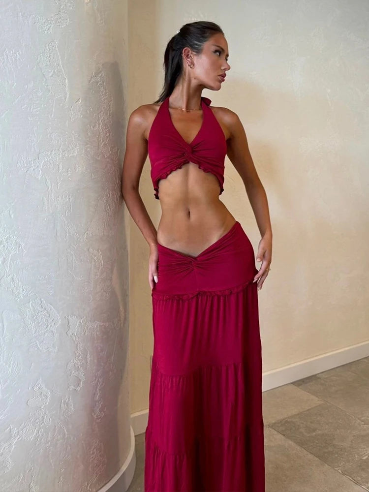 Cute new Pleated Matching Women 2 Piece Solid Sexy Ruffle Halter V-neck Crop Tank , Cross High Waist Skirt