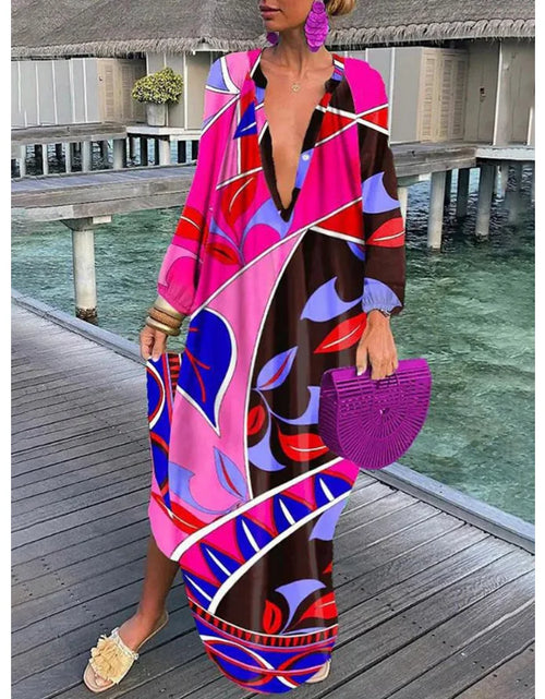 Load image into Gallery viewer, Women Sexy Deep V-Neck Maxi Dresses Bohemian Style With Lantern Sleeves  Long Dress  Vintage
