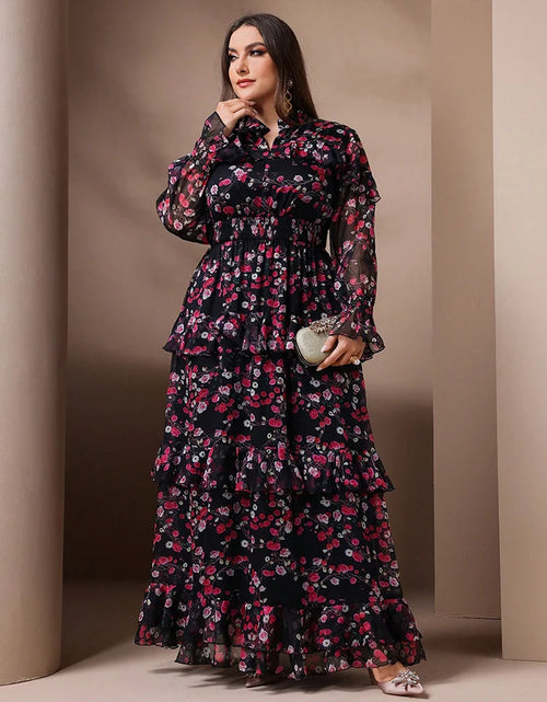 Load image into Gallery viewer, 2025 Spring Plus Size Women&#39;s Elegant Floral Print Mesh Flare Sleeve Dress
