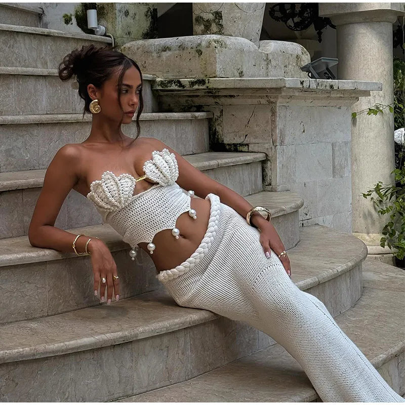 Crochet Knitted Pearl Bra Skirt Set ,Backless Hollow Out Short Top Twists Long Skirt