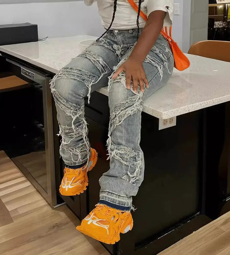 Ripped Washed Patchwork Tassel Jeans, New Fashion Leisure Straight Barrel Long Jeans