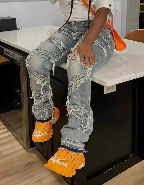 Load image into Gallery viewer, Ripped Washed Patchwork Tassel Jeans, New Fashion Leisure Straight Barrel Long Jeans
