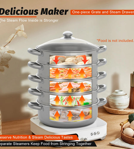 5-Layer Stainless Steel Thick Steam Pot Large-Capacity Universal Cooking Steamer Pot for Healthy Food Cooking