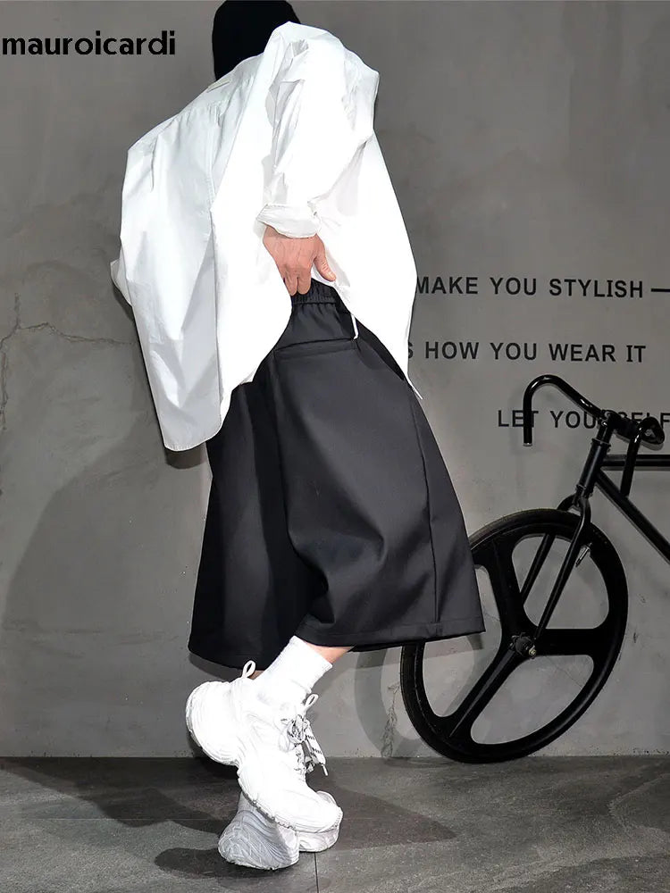 Baggy Casual Black Wide Leg Shorts for Men Elastic Waist Drawstring Loose Fitting