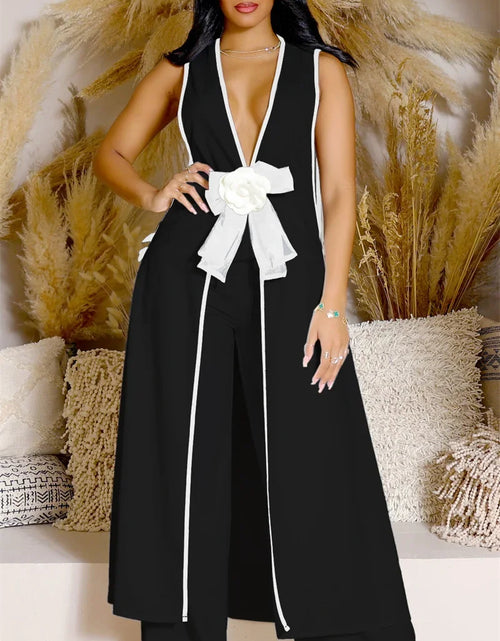 Load image into Gallery viewer, Bow Tie Appliques V-neck Sleeveless Long Top and Wide Leg Pants Matching Sets Women Two Piece Set Elegant Vintage Club Outfits

