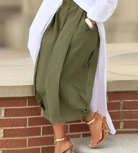 Women's Capri Trousers Pockets pleated Wide Leg Casual Vintage Loose High Waist Leisure Calf-length Pants