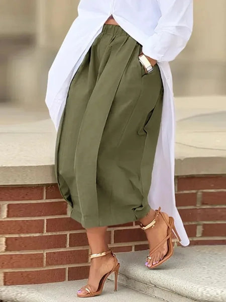 Women's Capri Trousers Pockets pleated Wide Leg Casual Vintage Loose High Waist Leisure Calf-length Pants