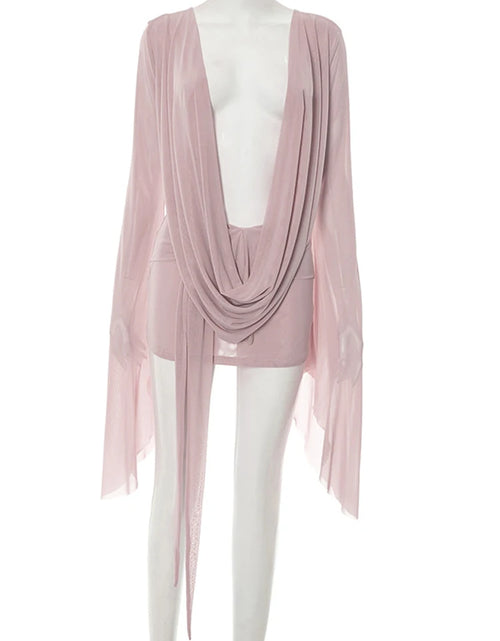 Load image into Gallery viewer, Elegant V-Neck Flare Sleeve Short Dress Pink Sheer Mesh Ruched Detail above Knee Length Sexy Clubwear for Women
