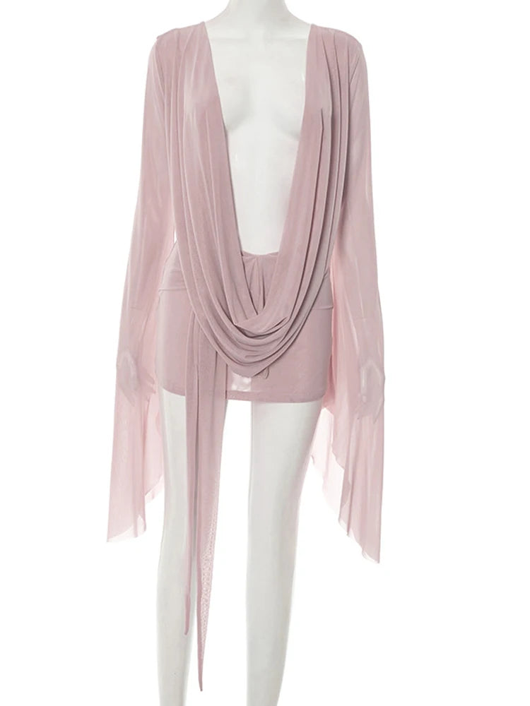 Elegant V-Neck Flare Sleeve Short Dress Pink Sheer Mesh Ruched Detail above Knee Length Sexy Clubwear for Women