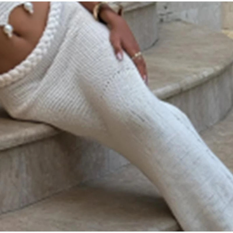 Crochet Knitted Pearl Bra Skirt Set ,Backless Hollow Out Short Top Twists Long Skirt