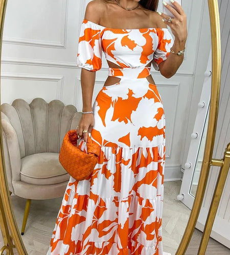 Sexy Women's  Slim Fit Printing Hollow Lace up Large Swing Dress Women's Fashion Short Sleeve High Waist Dress