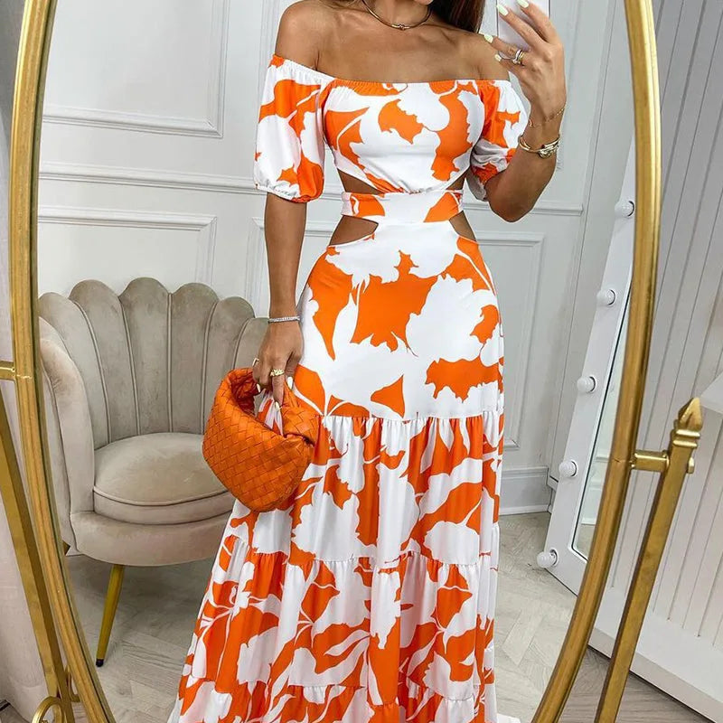 Sexy Women's  Slim Fit Printing Hollow Lace up Large Swing Dress Women's Fashion Short Sleeve High Waist Dress