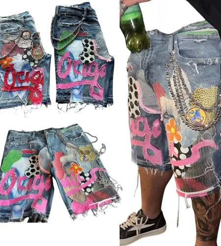 Skull Letter Pattern Patchwork Shorts Men Streetwear Pants Hip Hop Fashion Denim Shorts
