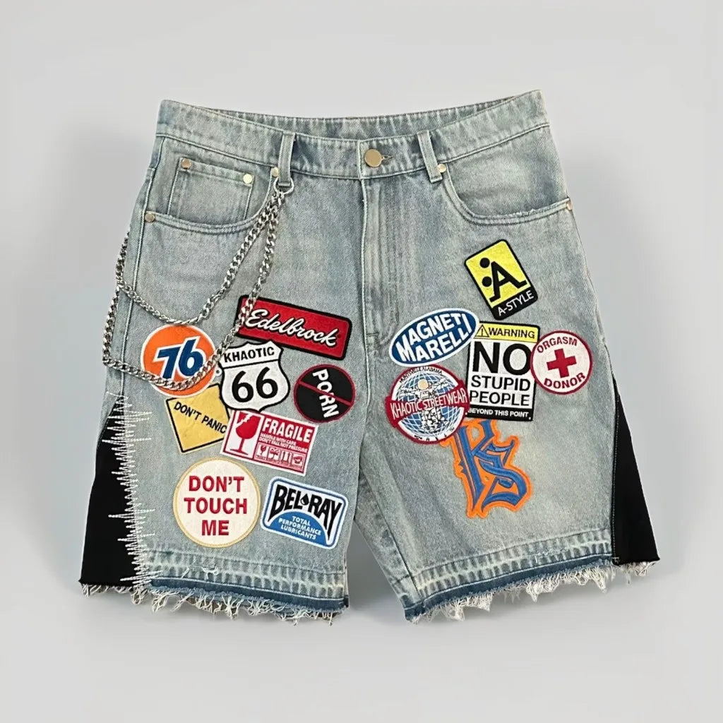 Y2K Men Hop Cartoon Graphics Loose Camo and Denim Casual Shorts