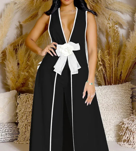 Bow Tie Appliques V-neck Sleeveless Long Top and Wide Leg Pants Matching Sets Women Two Piece Set Elegant Vintage Club Outfits