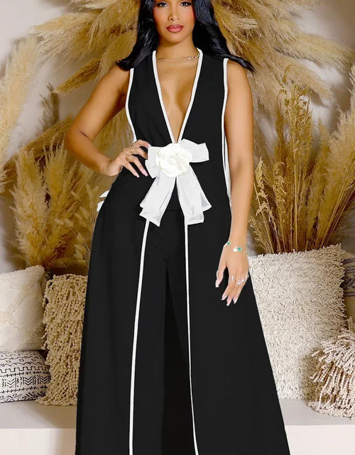 Load image into Gallery viewer, Bow Tie Appliques V-neck Sleeveless Long Top and Wide Leg Pants Matching Sets Women Two Piece Set Elegant Vintage Club Outfits

