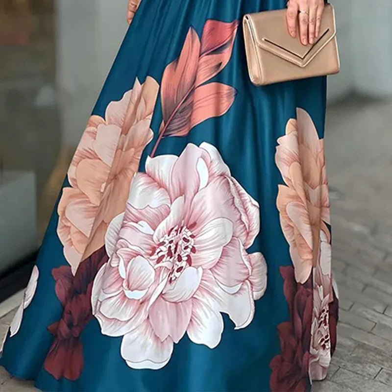 Women Long-Sleeved Flower Print Shirt + Long Elegant Dress combo Lady Two-Piece Leisure Set