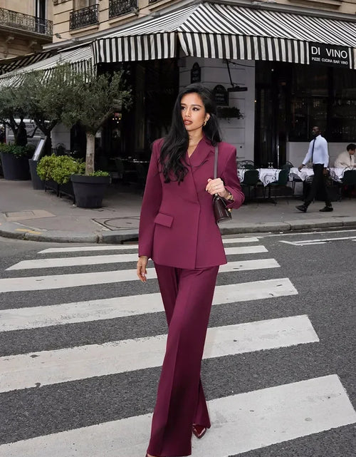 Load image into Gallery viewer, Fashion Women Wine Red Lapel Suits Jacket Long Pants Casual Loose 2 Pieces Sets 2025 Spring Chic
