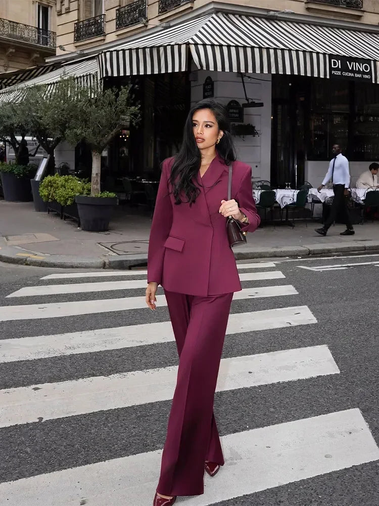 Fashion Women Wine Red Lapel Suits Jacket Long Pants Casual Loose 2 Pieces Sets 2025 Spring Chic