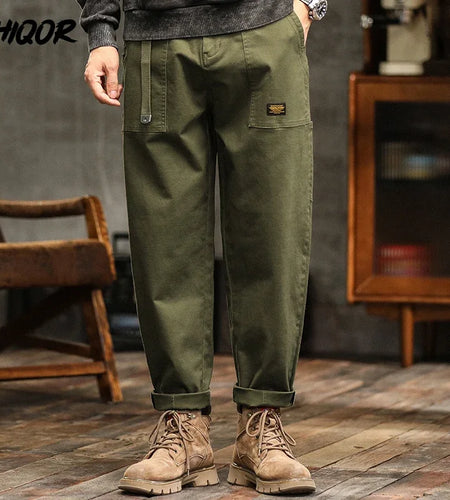 Men's Loose Fit Cargo Trousers Army Green Casual Vintage Style Zip Fly Full Length Pants Midweight Cotton Elastic Waist