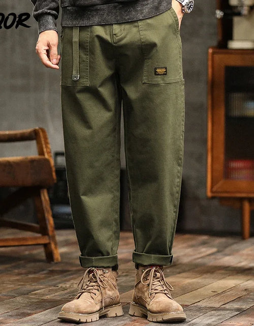Load image into Gallery viewer, Men's Loose Fit Cargo Trousers Army Green Casual Vintage Style Zip Fly Full Length Pants Midweight Cotton Elastic Waist
