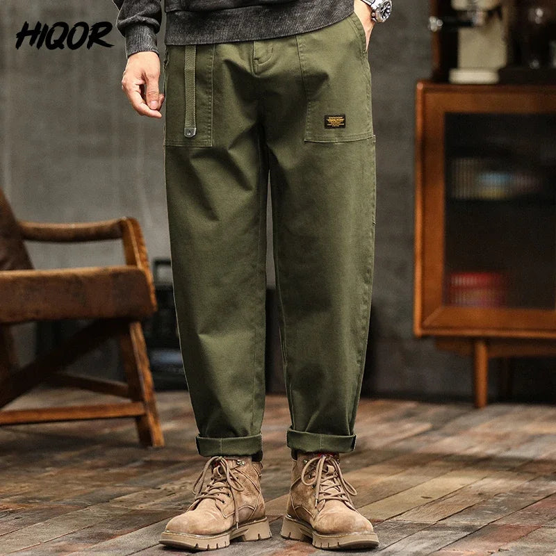 Men's Loose Fit Cargo Trousers Army Green Casual Vintage Style Zip Fly Full Length Pants Midweight Cotton Elastic Waist