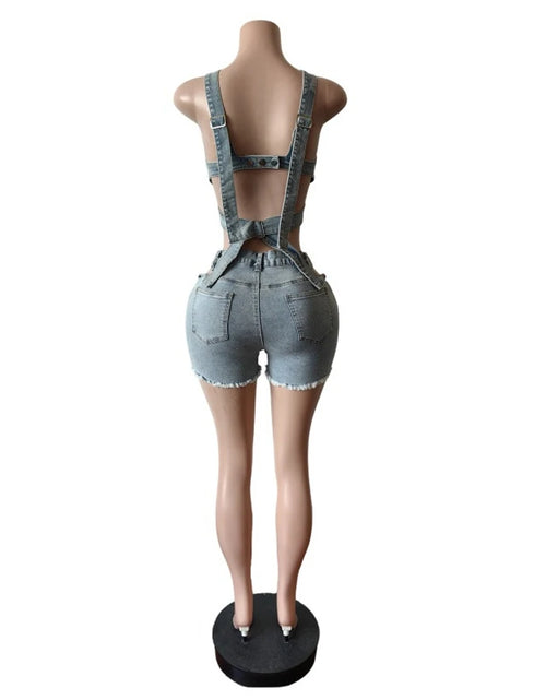 Load image into Gallery viewer, Sexy Jean Women Short Sets Straps Denim Crop Top and Cut Out Shorts Set 2025 Summer Clothes Streetwear Two 2 Piece  Outfits
