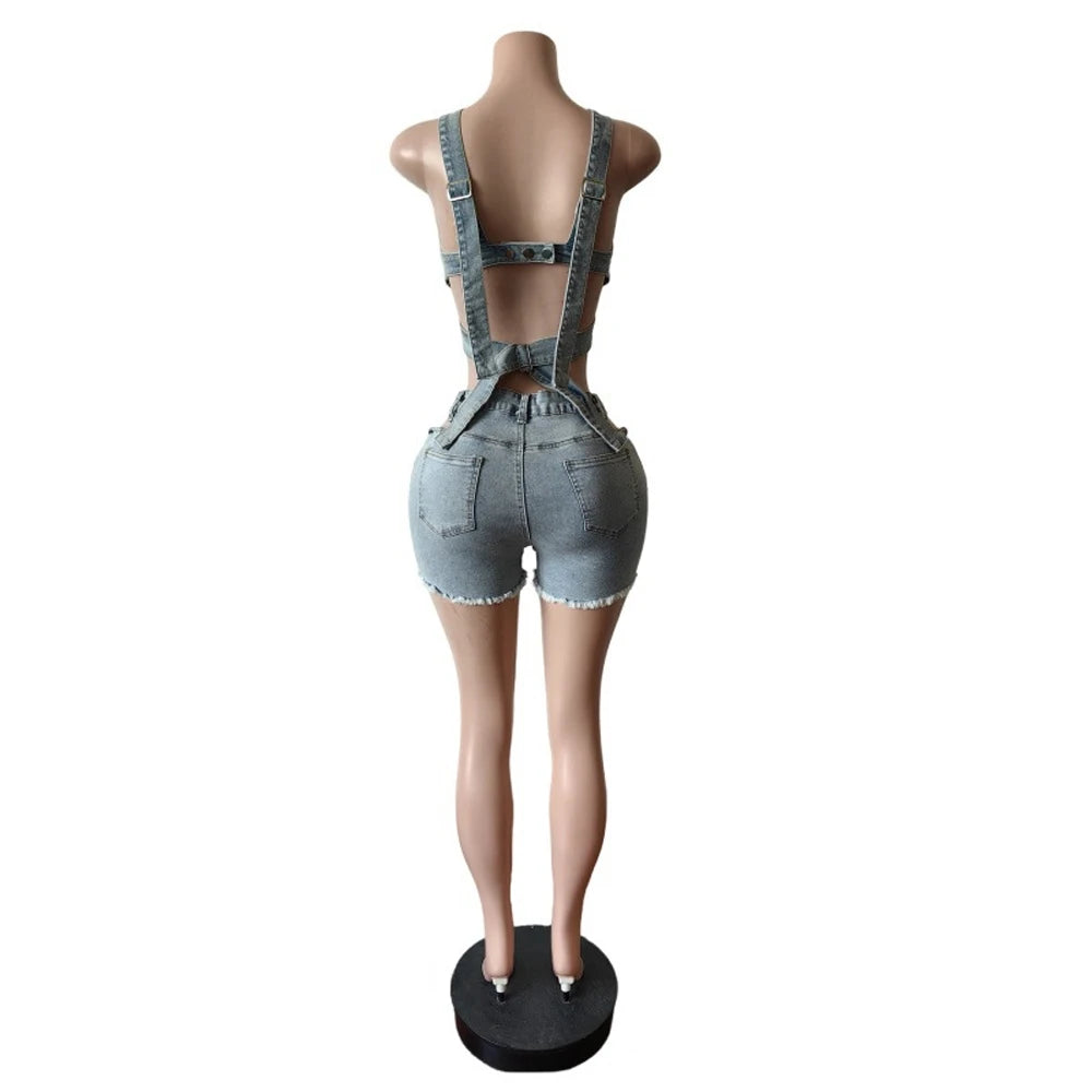 Sexy Jean Women Short Sets Straps Denim Crop Top and Cut Out Shorts Set 2025 Summer Clothes Streetwear Two 2 Piece  Outfits