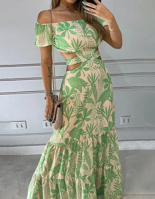 Load image into Gallery viewer, Sexy Women&#39;s  Slim Fit Printing Hollow Lace up Large Swing Dress Women&#39;s Fashion Short Sleeve High Waist Dress
