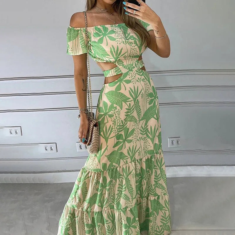 Sexy Women's  Slim Fit Printing Hollow Lace up Large Swing Dress Women's Fashion Short Sleeve High Waist Dress