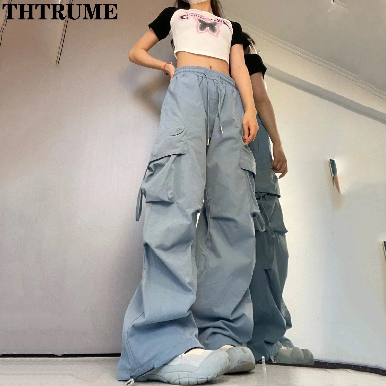 Retro Vintage High Street Baggy Pants Fashion Women Oversized Drawstring Pocket