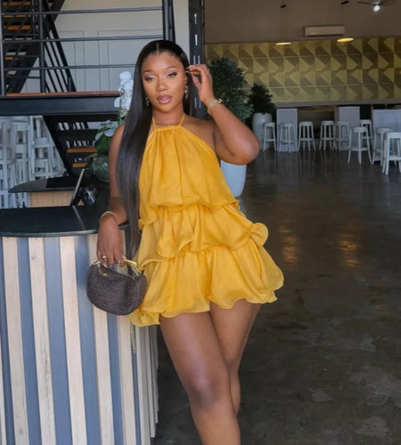 Women Summer Backless Yellow  Dress Sexy Halter  Ruffles Tiered Mini Beach Dress 2026