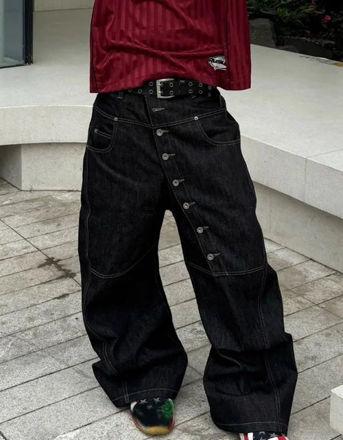 Load image into Gallery viewer, Men's High Street Buckle Curved Jeans Loose Straight Leg Black Wide Leg Casual Hip-Hop Pants Full Length Softener Mid-Waist
