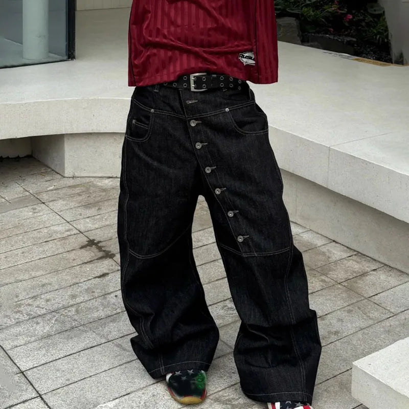 Men's High Street Buckle Curved Jeans Loose Straight Leg Black Wide Leg Casual Hip-Hop Pants Full Length Softener Mid-Waist