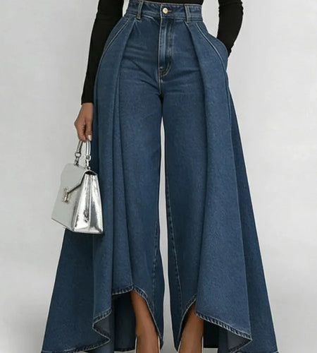 New Women's High Waist Casual Wide Leg Jeans Overlay Flare Denim Pants with Pockets Fashionable Baggy Jeans