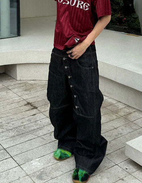 Load image into Gallery viewer, Men's High Street Buckle Curved Jeans Loose Straight Leg Black Wide Leg Casual Hip-Hop Pants Full Length Softener Mid-Waist
