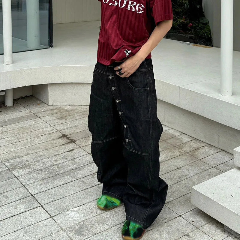 Men's High Street Buckle Curved Jeans Loose Straight Leg Black Wide Leg Casual Hip-Hop Pants Full Length Softener Mid-Waist